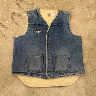 Chaleco Carhartt De Colección Para Hombres Grande Azul Denim Sherpa Forrado Ropa de Trabajo EE. UU. Años 80 Foto 1 de 4