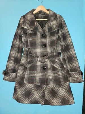 Abrigo de lana a cuadros Jones New York gris rojo años 90 de colección para mujer grande con cinturón espalda trinchera Foto 1 de 4