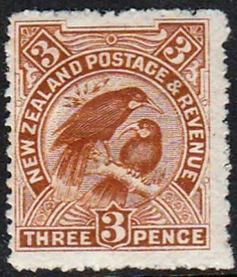 NEW ZEALAND REDUCED SIZE 1907 HUIAS BIRDS 3d Bistre Lightly hinged mint & SCARCE - Image 1 of 2