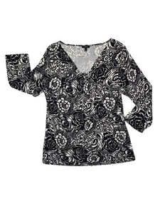 Blusa elástica Talbots negra blanca floral cuello en V manga 3/4 L - Imagen 1 de 6