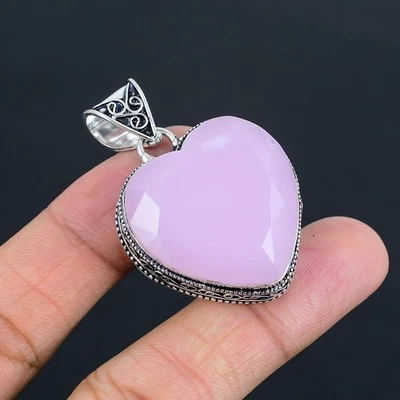 Ciondolo vintage argento sterling 925 pietra preziosa cuore calcedonio rosa... - Immagine 1 di 4