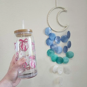Coquette Disco Ball 20 oz Glass Tumbler Cup Pink Ribbon Coffee Matcha Tea - Picture 1 of 4