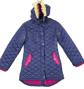 ROXY Girls Jacket Size 12 Blue Purle Fur Trim Hooded Coat Diamond Pattern - Picture 1 of 21