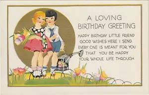 BIRTHDAY GREETING POSTCARD Young Girls with Watering Can & Tulips Embossed - Bild 1 von 2