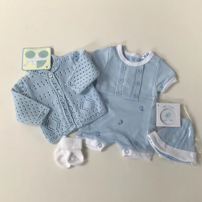 TINY CHICK ETC Premature tiny baby boys clothes romper hat cardigan socks blue/white 5-8 lbs