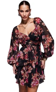 Lulus NWT Size L Floral Chiffon Tiered Lurex Mini Dress V Neck Balloon Sleeve - Picture 1 of 8
