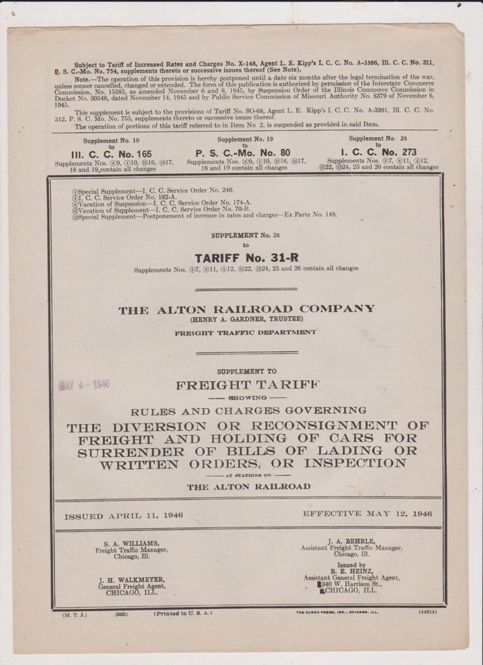 VINTAGE ALTON RR 1946 RATES FOR TARIFF NO 31-R - Image 1 of 1