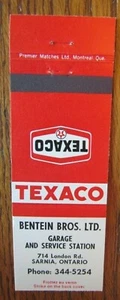 TEXACO GAS STATION MATCHBOOK: BENTAIN BROS. (SARNIA, ONTARIO) (EARLY 1970s) -F24 - Picture 1 of 2