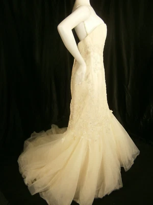 Sottero & Midgley 12 Wedding Dress Champagne Tulle Corset Beaded Pink Flowers - Image 1 of 4