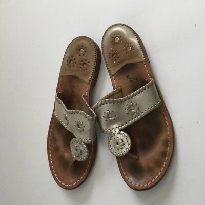 Jack Rogers Flat Sandals Thong Silver Size 7 M Slides Gold Leather Whipstitched - Image 1 of 4
