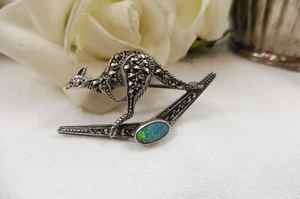 Vintage Opal Doublet & Marcasite Sterling Silver Kangaroo Boomerang Brooch 925 - Picture 1 of 11