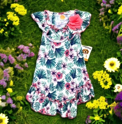 Simply Dog 🐶 Adorable Hawaiian Dress w. Green Pink Flowers & Ruffles ~ NWT ~ L - Image 1 of 4