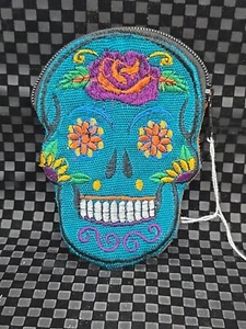 Day of the Dead Sugar Skull Floral Coin Purse Pouch Handmade Bag Boho Art Wallet - Picture 1 of 3
