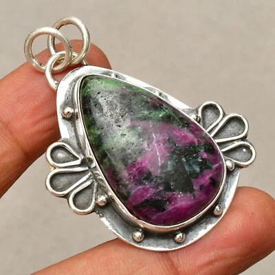 Ruby Zoisite Gemstone Handmade 925 Sterling Silver Jewelry Pendant 1.81" - Image 1 of 4