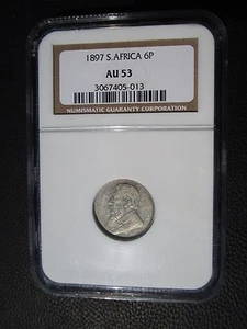 1897 South Africa 6 Six Pence, NGC AU 53 - Picture 1 of 3