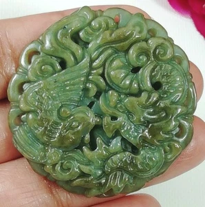 Colgante de jadeíta birmana hecho a mano dragón y fénix miel verde gemas naturales - Imagen 1 de 10