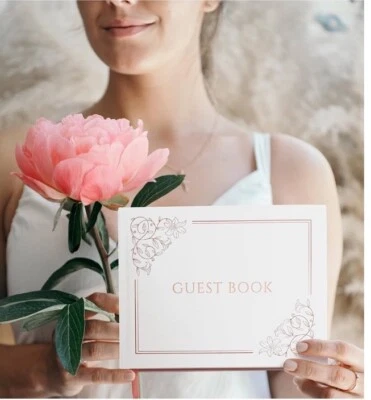 Gold Stamped Wedding Guest Book, Wedding Guest Book with Pen, Floral Guest Book  - Image 1 of 4