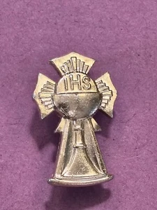 IHS Vinatage 1" goldfarbene Kreuz Anstecknadel katholisch 1. Kommunion IN SEINEM DIENST - Bild 1 von 6