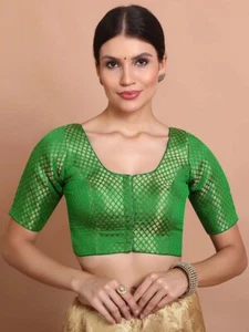 Chanderi Silk Round Neck  Made to Order Front  Open Blouse, Without Pad Sari Top - Picture 1 of 21