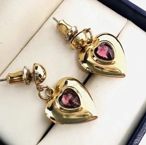 Amethyst Strass Herz Medaillons Ohrhänger Ohrhänger Vintage Schmuck - Bild 1 von 8