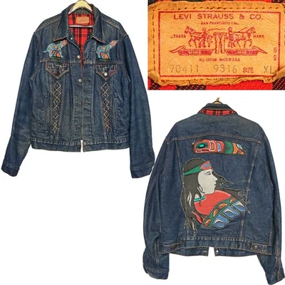 Винтажная джинсовая куртка дальнобойщика Levis США красная клетчатая 1980-е новая волна x индейцы Америки - Изображение 1 из 4
