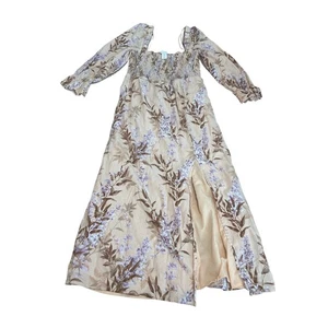 HOUSE OF HARLOW 1969 Linen Blend Midi Dress Size Medium Smocked Midi Peasant - Picture 1 of 7