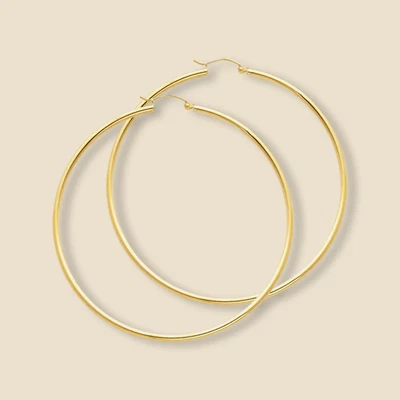 14K Solid Gold 65mm Hoop Earrings 2mm Tube Yellow & White Gold - Image 1 of 4