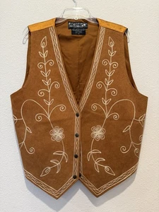 Vintage Cognac Brown Suede Leather Vest Cream Embroidery Women’s Size 2X Western - Picture 1 of 10