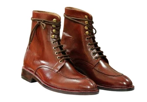 Handmade Men Brown Leather Ankle High Split Toe Lace Up Formal Leather Men Boots - Picture 1 of 4