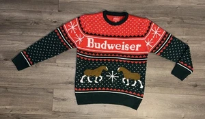 Vintage Budweiser Beer Christmas Themed Knit Crewneck Sweater Mens L Large Red - Picture 1 of 21