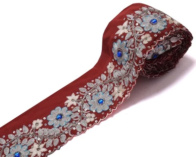 Sushila Vintage Granate Sari Borde Artesanía India Costura Borde A Mano Cuentas Encaje Foto 1 de 4