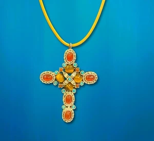 Graziano Vintage Signed Cross Pendant Necklace Tiger’s Eye & Turquoise, Cord - Picture 1 of 7