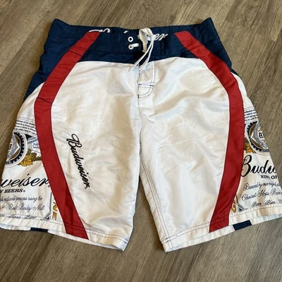 Men's Budweiser King of Beers Red White Blue Summer Swimming Trunks Shorts Sz 36 - Image 1 of 4