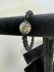 New Men’s 8” Matte Black Stone 8mm beaded Stretch bracelet Engraved Silver Focal - Picture 1 of 11