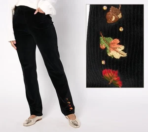 Quacker Factory Short Embroidered Fall Folly Corduroy Pants Black 1X New - Picture 1 of 1