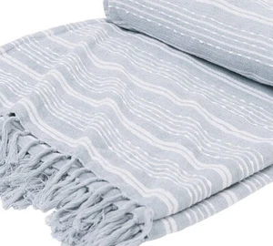BLUE FOG CHENILLE XXL 80 x 96 THROW : COTTON FARMHOUSE STRIPE FRINGE BLANKET - Picture 1 of 3