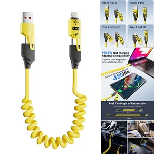 Coiled 65W Fast Charging Cable 4 in 1 Multi USB C to iPhone Charger CarPlay Cord - Picture 1 of 14