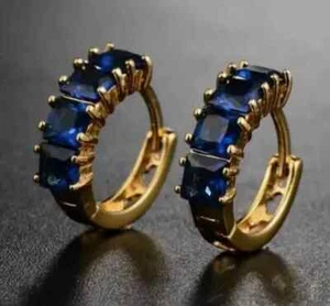 2Ct Princess Cut Lab-Created Blue Sapphire Hoop Earrings 14K Yellow Gold Plated - Picture 1 of 6