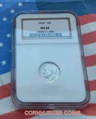 1958 ROOSEVELT SILVER DIME NGC MS 66 ~ BRIGHT WHITE GEM ~ FREE SHIPPING - Image 1 of 2