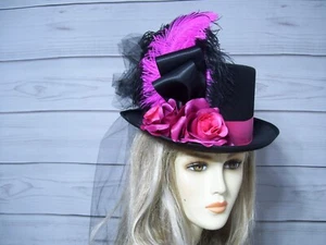 Black Top Hat with Pink Roses Halloween Top Hat Kentucky Derby Hat Burlesque Hat - Picture 1 of 5