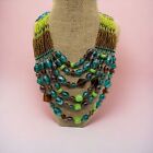 Multi Strand Seed Bead Necklace Glass Beads Green Blue Brown Copper Adj 24"