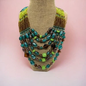 Multi Strand Seed Bead Necklace Glass Beads Green Blue Brown Copper Adj 24" - Picture 1 of 5