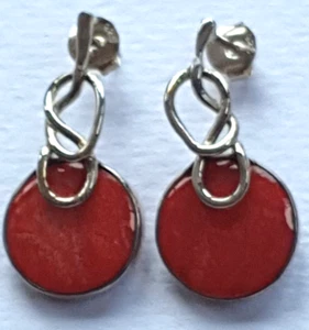 Red coral earrings in Sterling Silver, with 15mm red natural coral - Picture 1 of 1