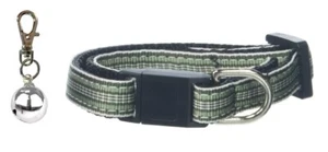 Green and White Preppy Stripes Nylon Ribbon Cat Collar with Silver Bell for Pets - Picture 1 of 3