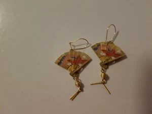 1980s Oriental Fan Earrings Pierced Ears Color Motif 1.5 Inch Long Phoenix - Picture 1 of 2