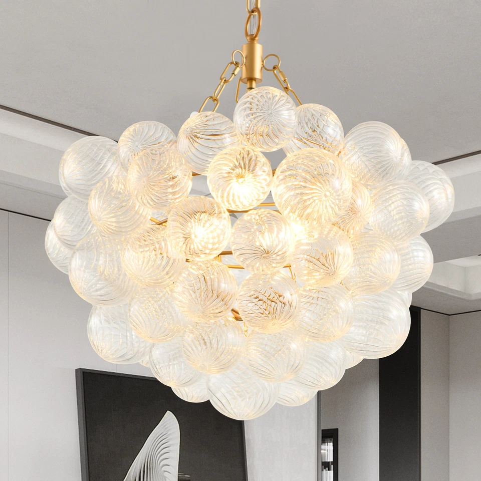 23'' Gold Pendant Ribbed Glass Ceiling Chandelier Light Kitchen Bedroom Fixture - Image 1 of 4