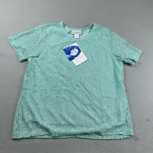 Susan Graver Shirt Womens XL Aqua Blue Lace Lined Metallic Short Sleeves Top NWT - Picture 1 of 10