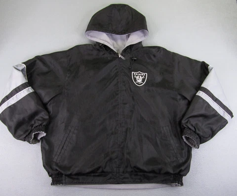 Vintage Raiders Jacket Men XL Black reversible Fleece Full Zip NFL Football Coat Cover