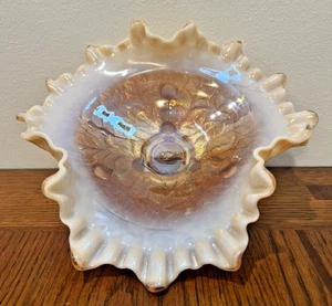 Fenton Peach Opalescent Carnival Glass Tri Corner Bowl Fenton's Flowers Vintage - Picture 1 of 9