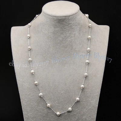 Genuine Natural 8-9mm Akoya White Pearl Station Necklace 14-100 inches - Image 1 of 4